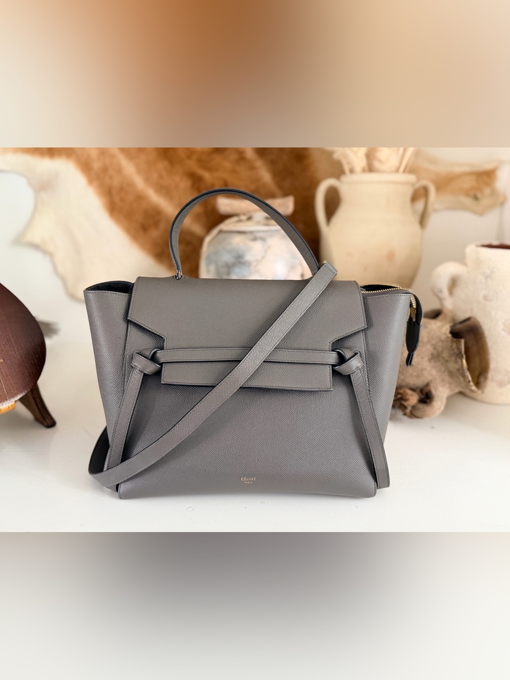 CELINE | Mini Belt Bag - Calfskin Leather Top Handle Shoulder Bag in Gray